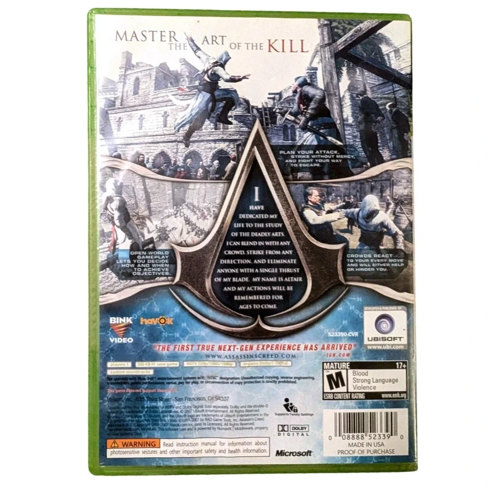 Assassins Creed Xbox 360 Ubisoft 2007 Action Adventure Game 523390-DVD